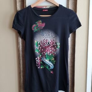 T Party Black Tee with Floral and Butterfly Design